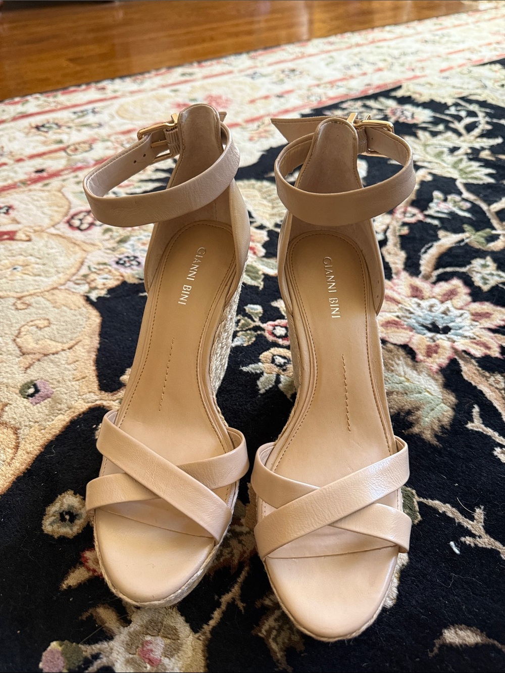 Gianni Bini Blush Beige Ankle-Strap Espadrille Wedges